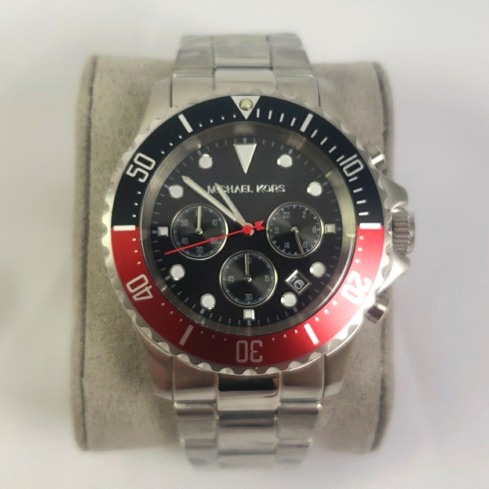 New Michael Kors Everest Black Red Silver Men's Chronograph Watch NIB